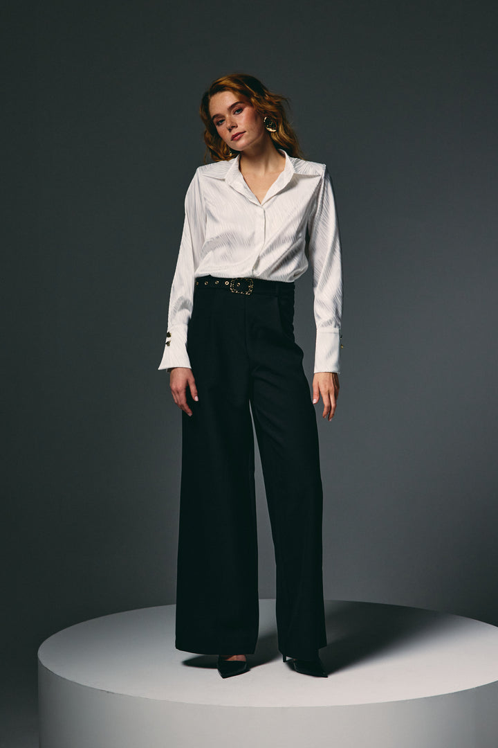 Sateen Pantalon Large avec Ceinture - Noir