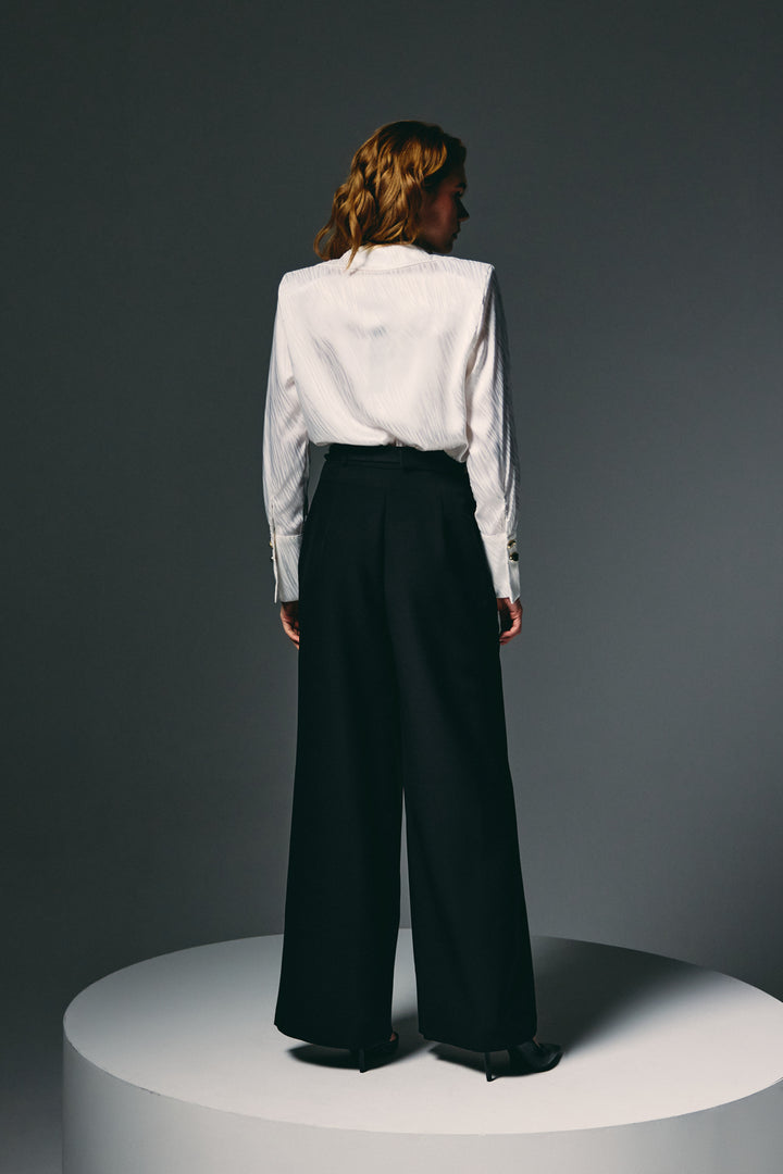 Sateen Pantalon Large avec Ceinture - Noir