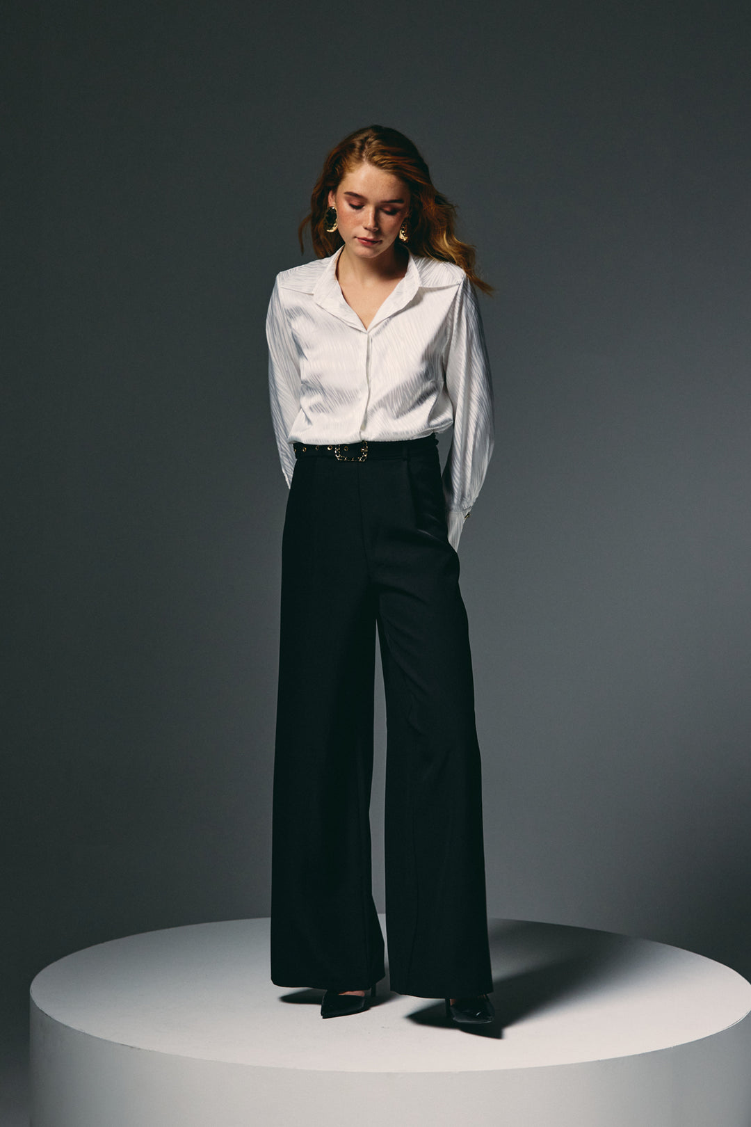 Sateen Pantalon Large avec Ceinture - Noir