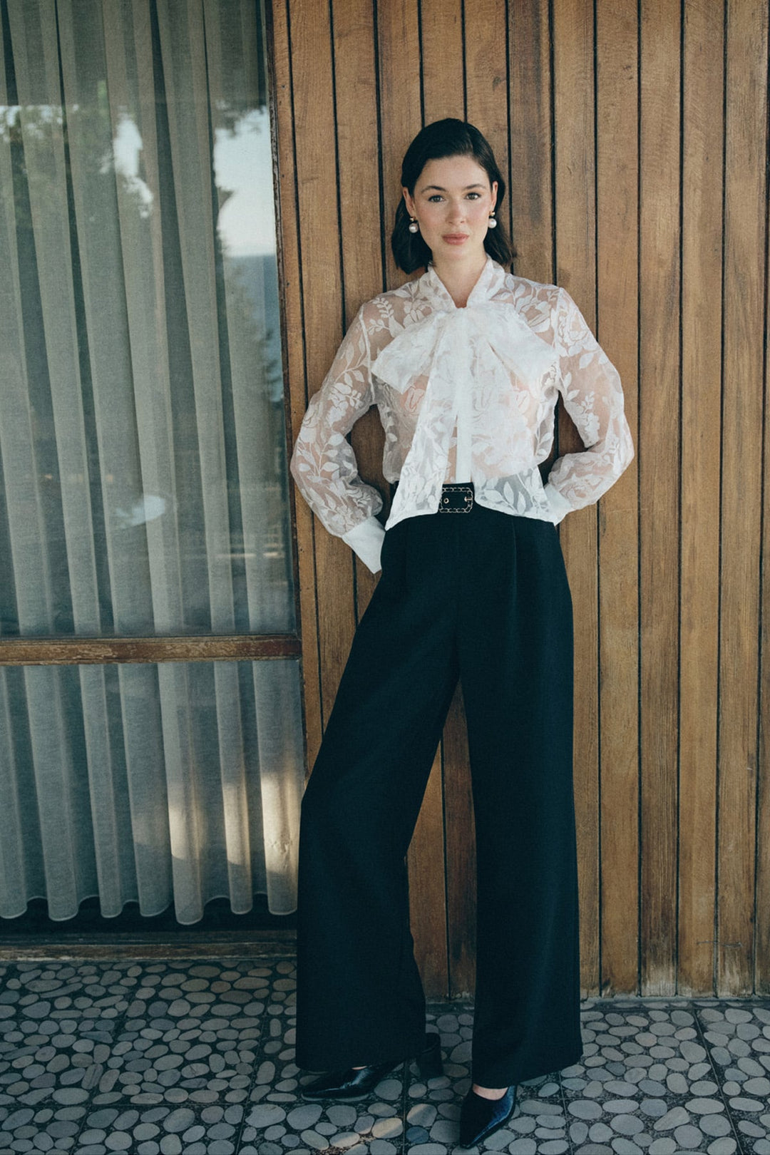 Sateen Pantalon Large avec Ceinture - Noir