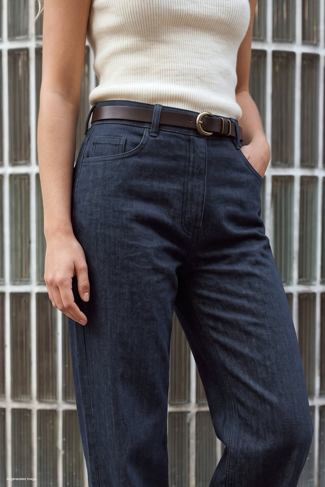 Sateen Pantalon en Jean à Ceinture - Bleu marine