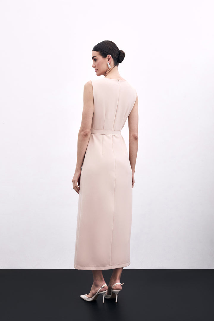 Sateen Robe Crayon Ceinturée - Beige