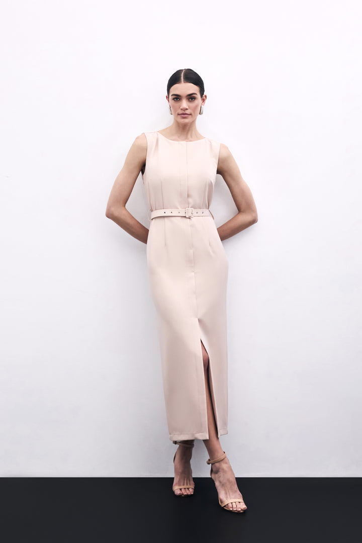 Sateen Robe Crayon Ceinturée - Beige