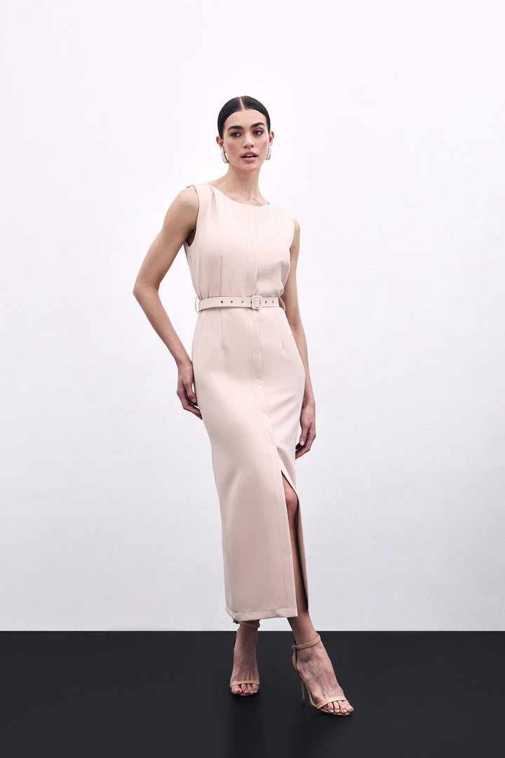 Sateen Robe Crayon Ceinturée - Beige
