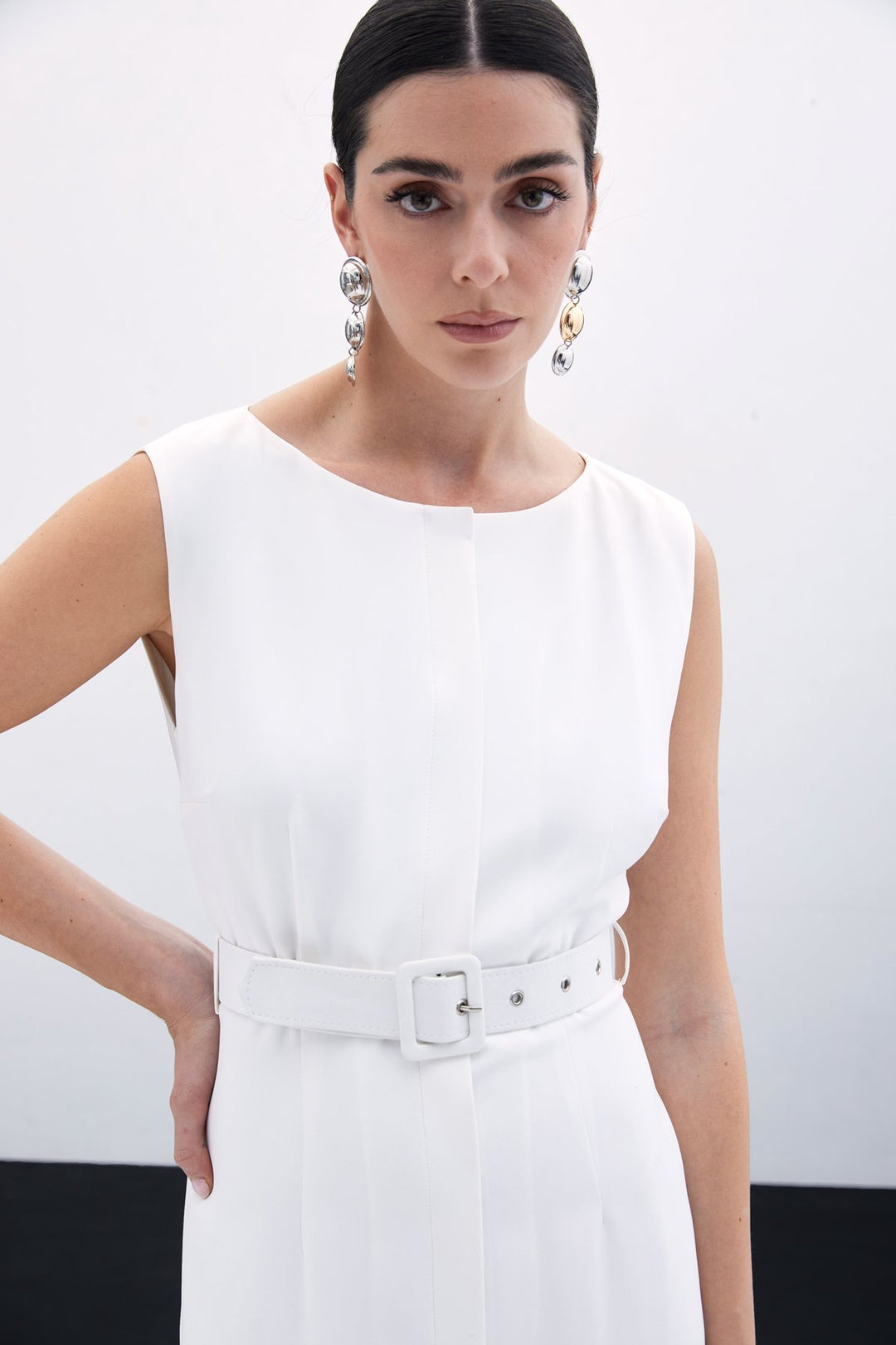 Sateen Robe Crayon Ceinturée - Écru