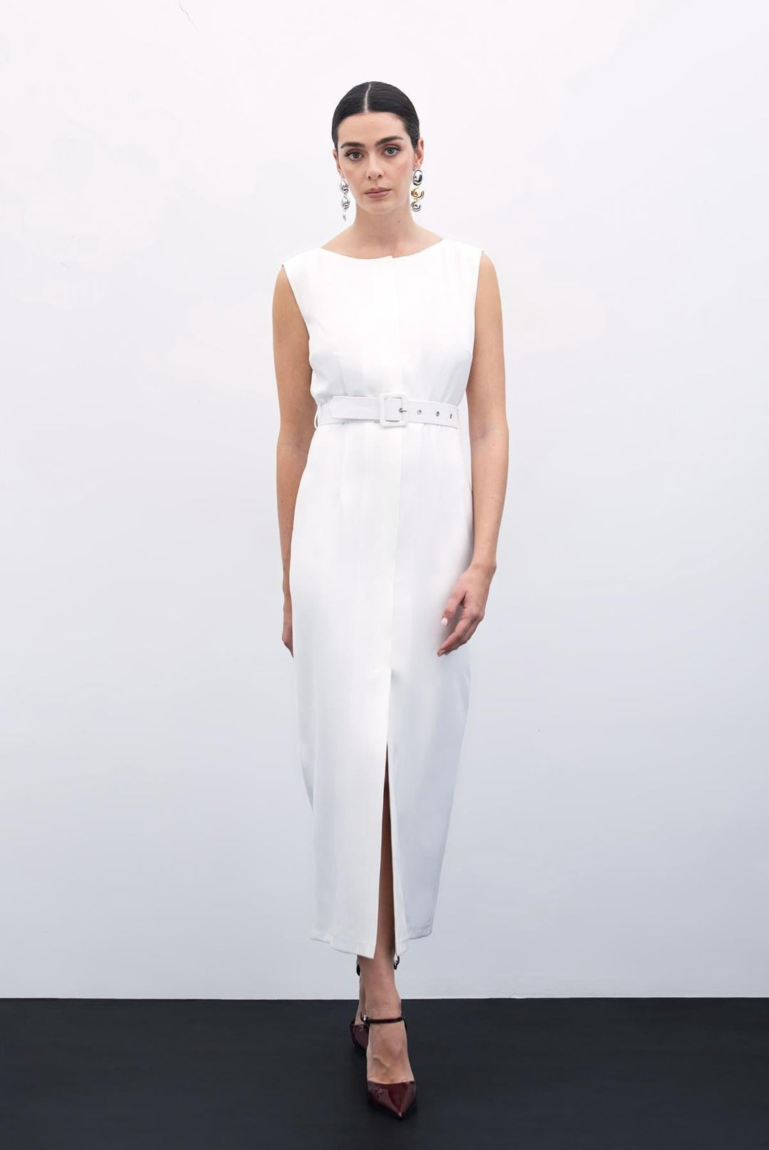 Sateen Robe Crayon Ceinturée - Écru
