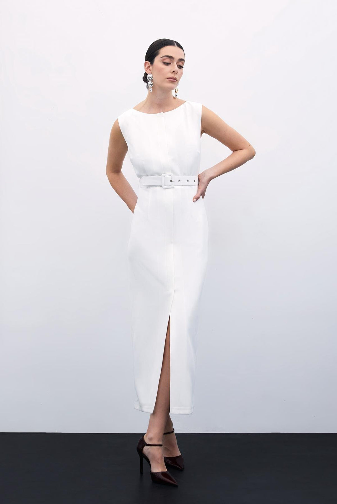 Sateen Robe Crayon Ceinturée - Écru