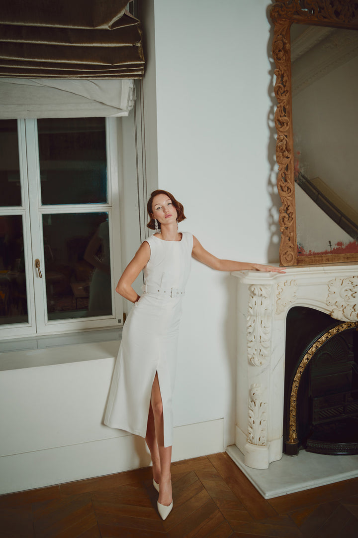 Sateen Robe Crayon Ceinturée - Écru