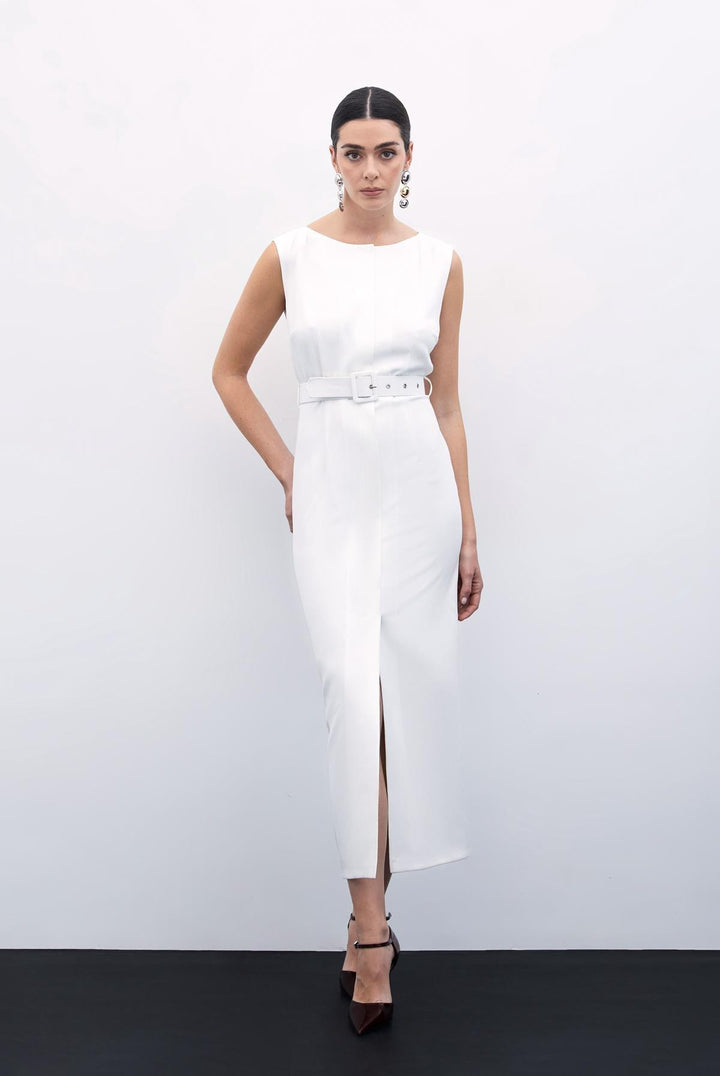 Sateen Robe Crayon Ceinturée - Écru