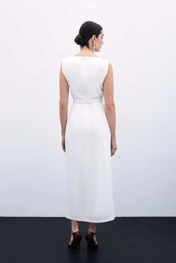 Sateen Robe Crayon Ceinturée - Écru