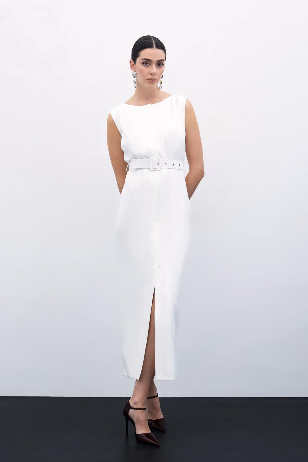 Sateen Robe Crayon Ceinturée - Écru