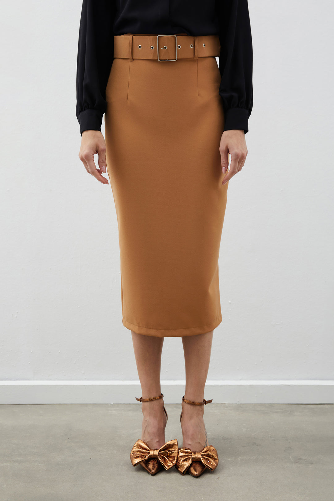 Sateen Jupe Crayon Ceinturée - camel