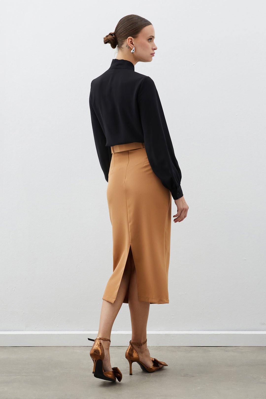 Sateen Jupe Crayon Ceinturée - camel