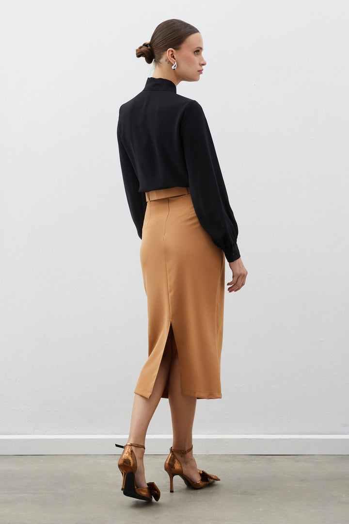 Sateen Jupe Crayon Ceinturée - camel