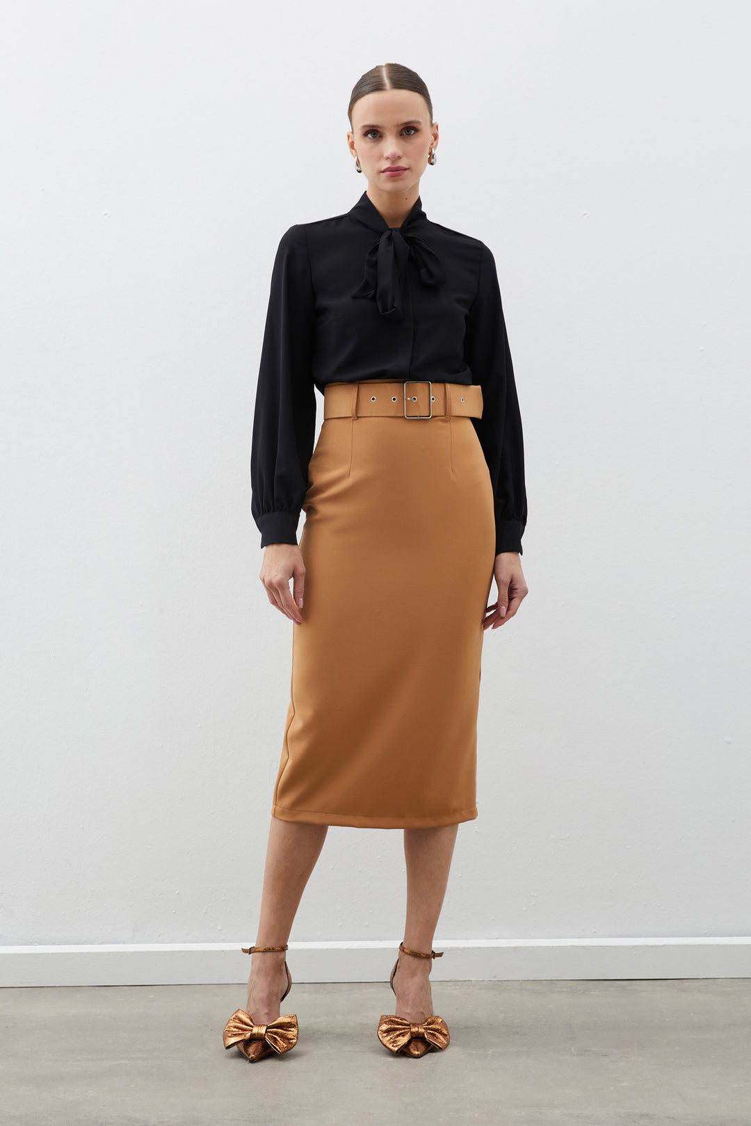 Sateen Jupe Crayon Ceinturée - camel
