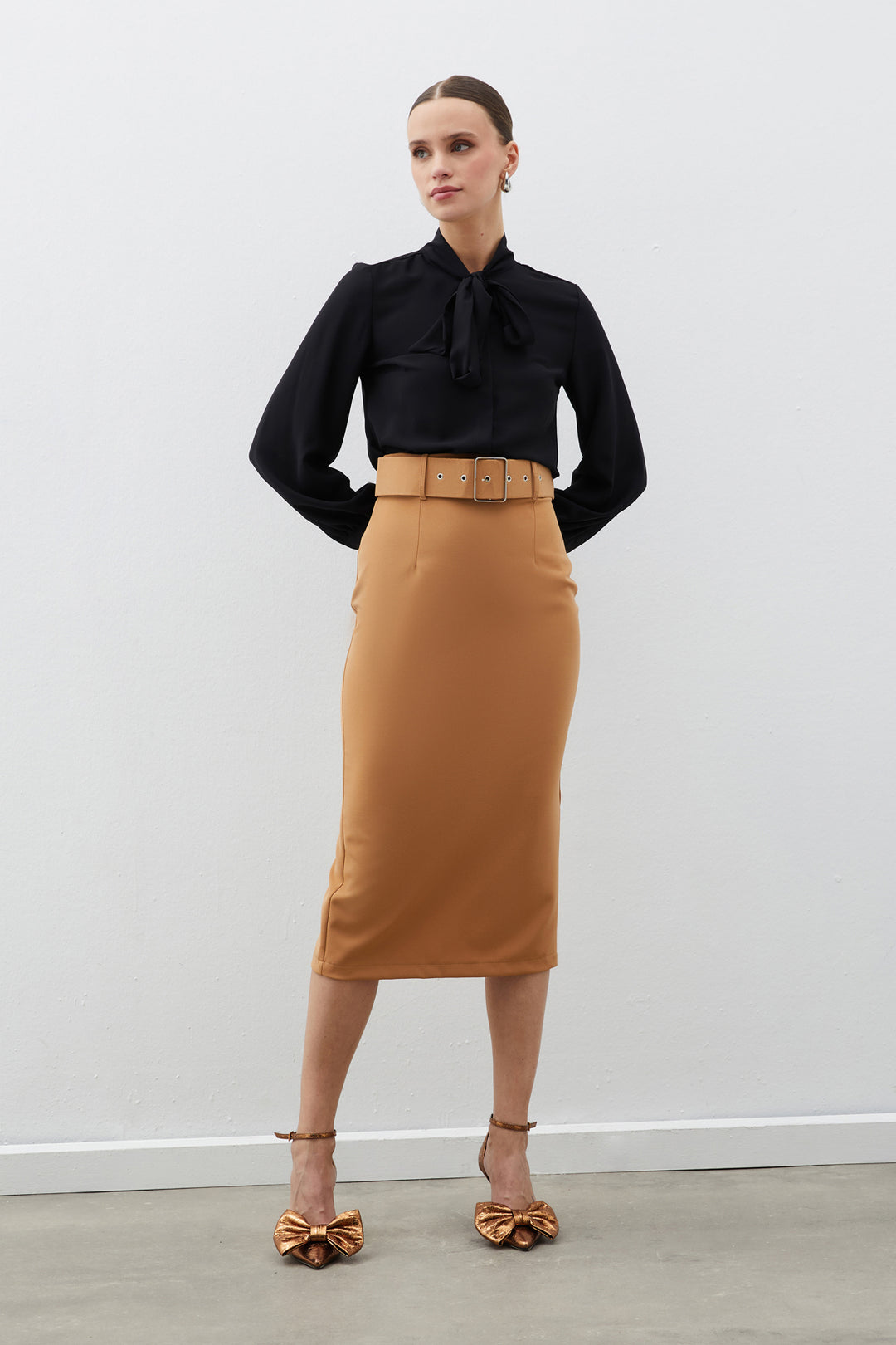 Sateen Jupe Crayon Ceinturée - camel