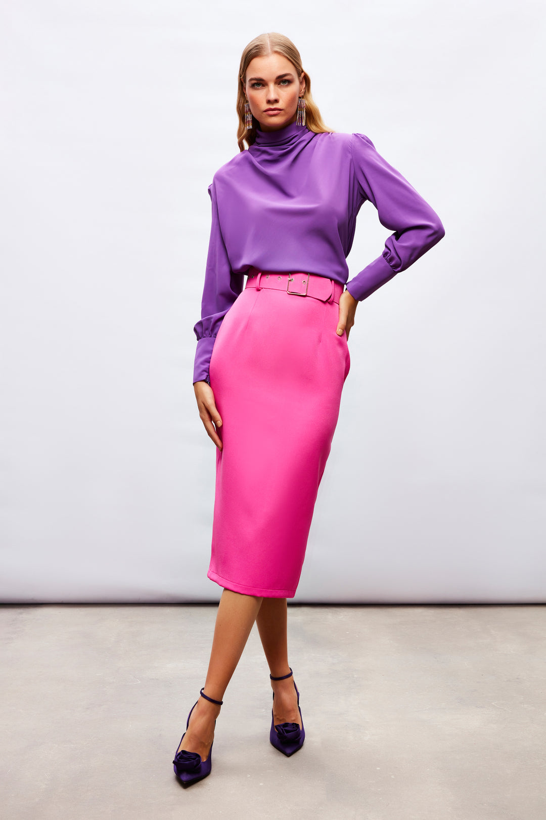 Sateen Jupe crayon avec ceinture - Fuchsia