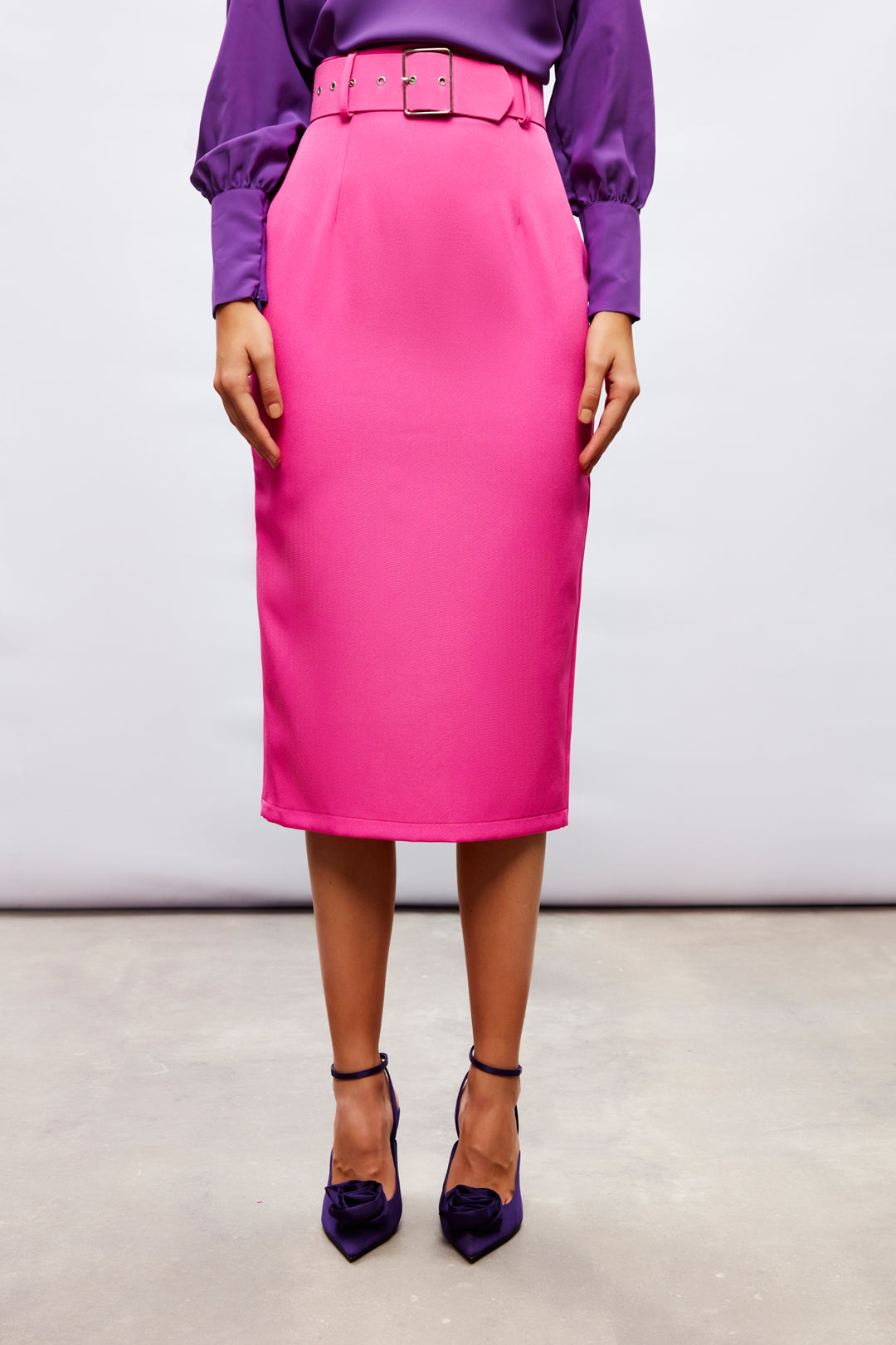 Sateen Jupe crayon avec ceinture - Fuchsia