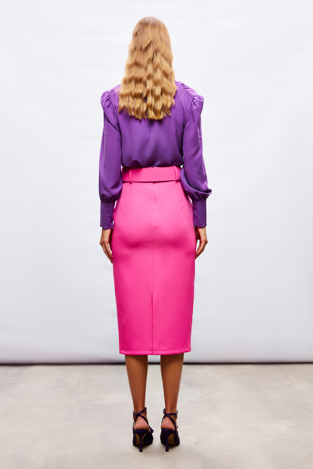 Sateen Jupe crayon avec ceinture - Fuchsia