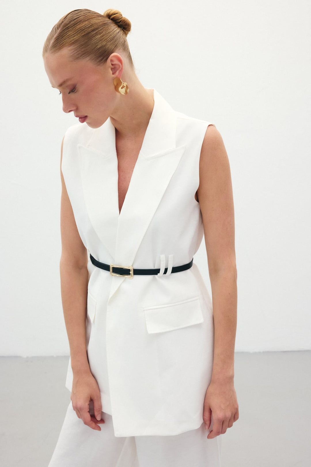 Sateen Gilet en Lin Ceinturé - Écru