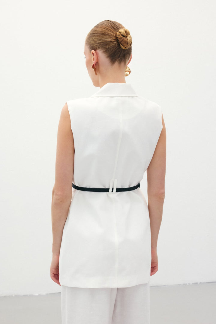 Sateen Gilet en Lin Ceinturé - Écru