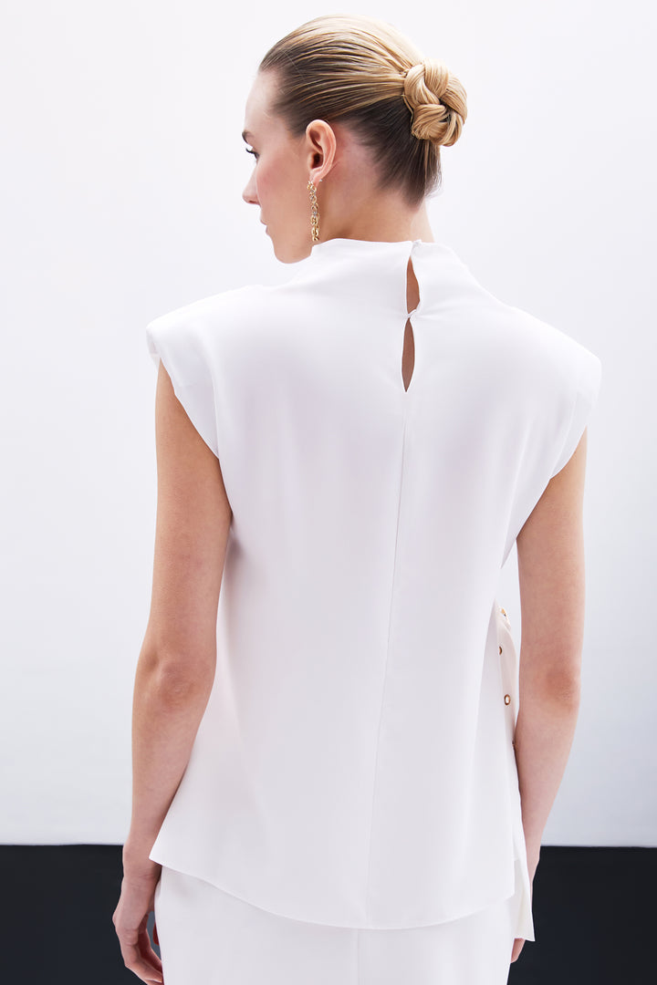 Sateen Blouse sans manches ceinturée - Écru