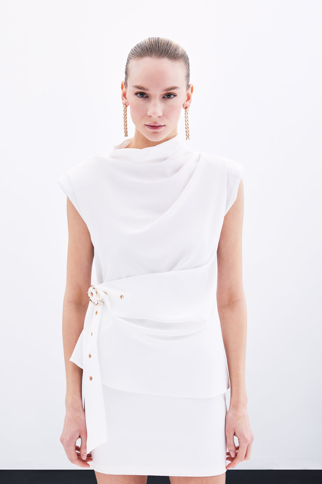 Sateen Blouse sans manches ceinturée - Écru