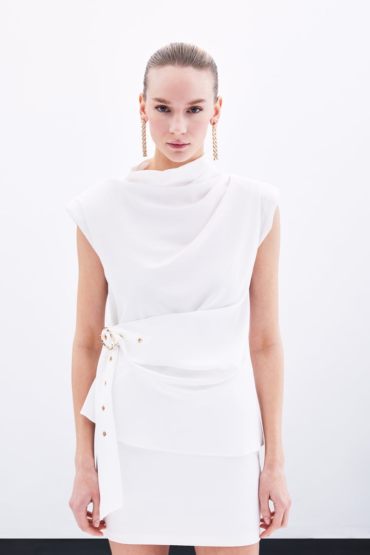 Sateen Blouse sans manches ceinturée - Écru