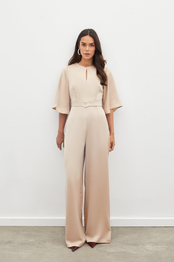 Sateen Combinaison en crêpe ceinturée - Beige