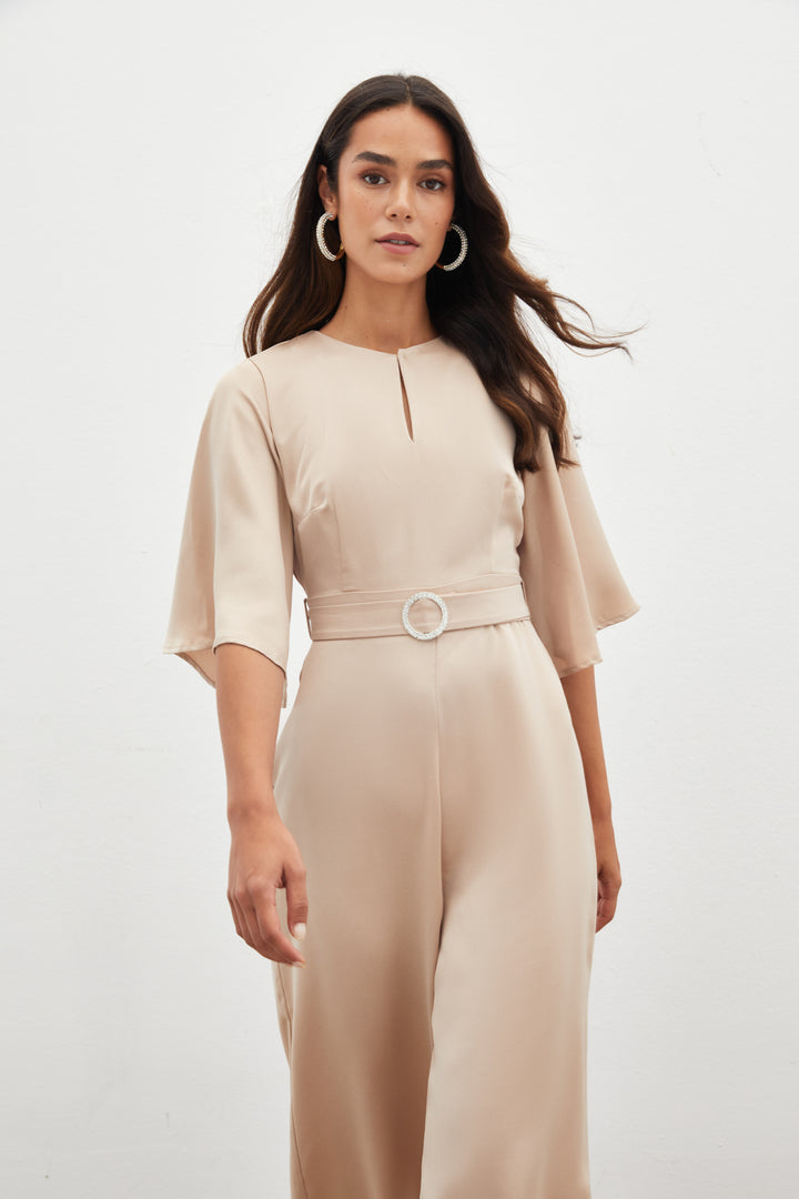 Sateen Combinaison en crêpe ceinturée - Beige