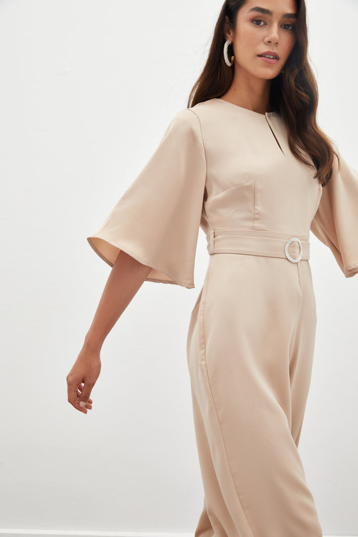 Sateen Combinaison en crêpe ceinturée - Beige