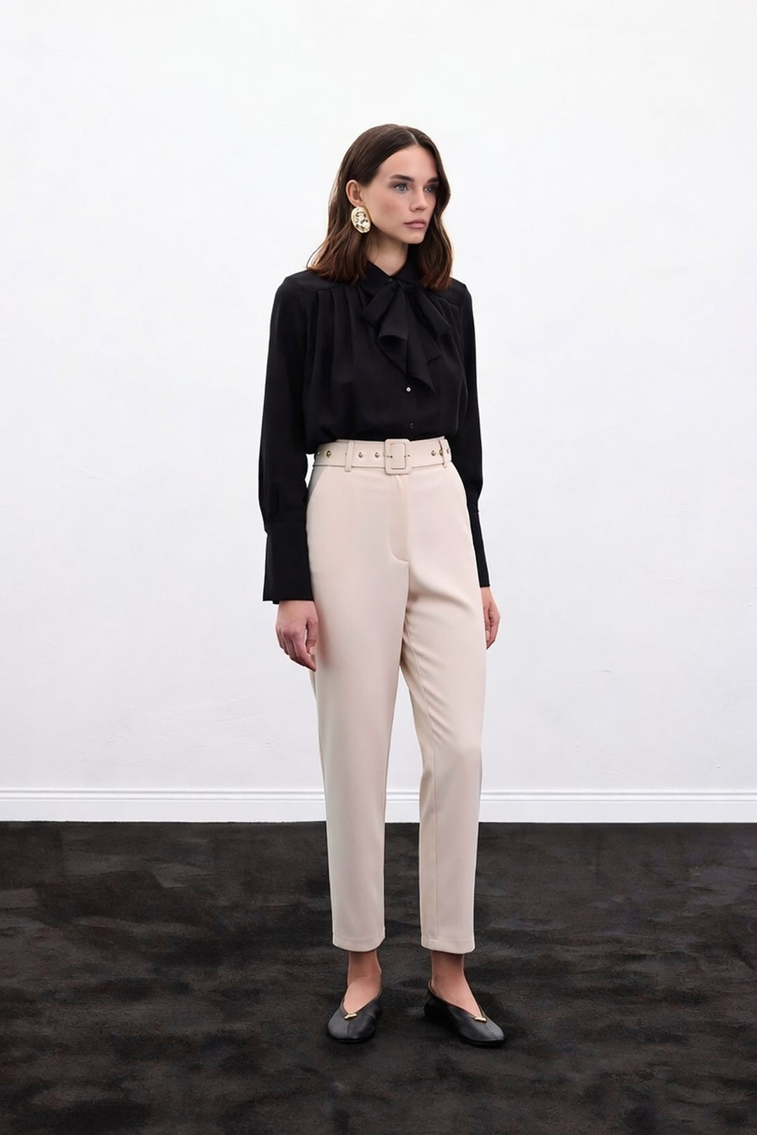 Sateen Pantalon Ceinturé - Beige