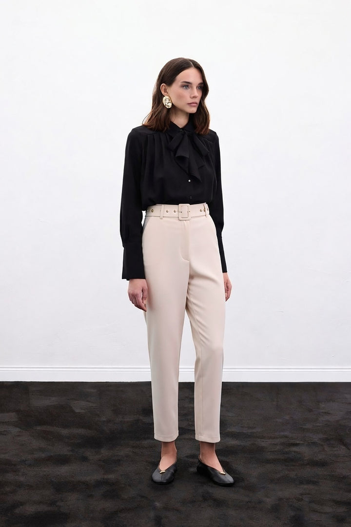 Sateen Pantalon Ceinturé - Beige