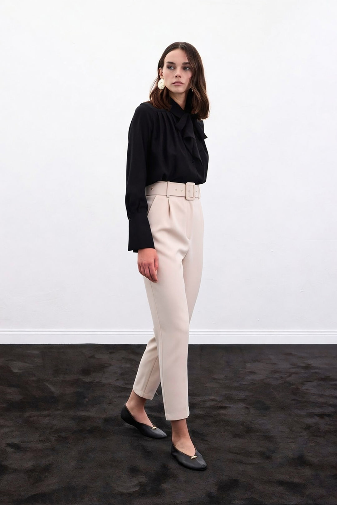 Sateen Pantalon Ceinturé - Beige