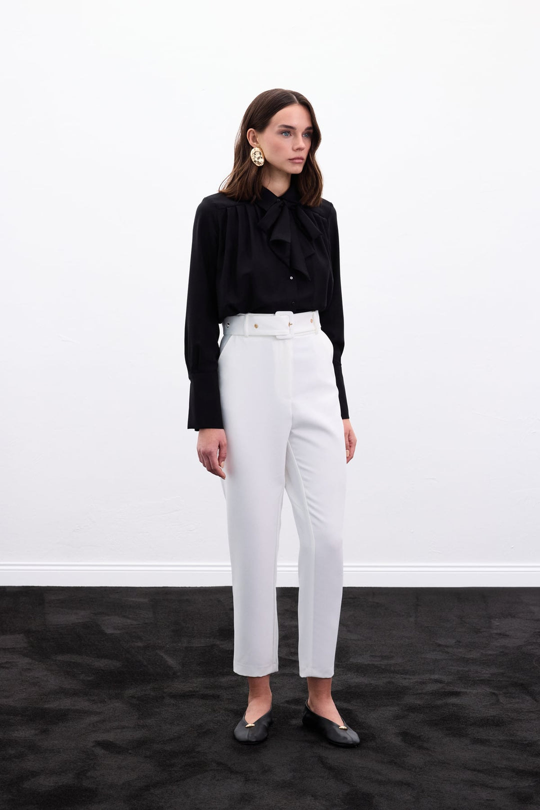 Sateen Pantalon Ceinturé - Écru