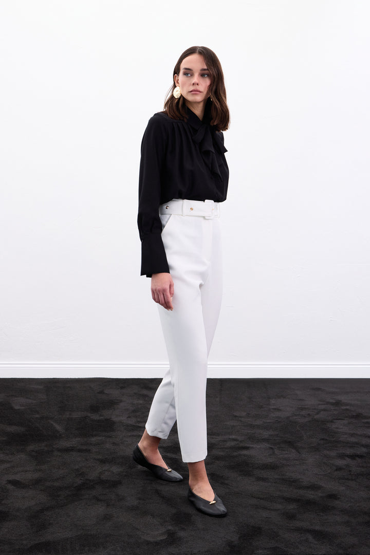 Sateen Pantalon Ceinturé - Écru