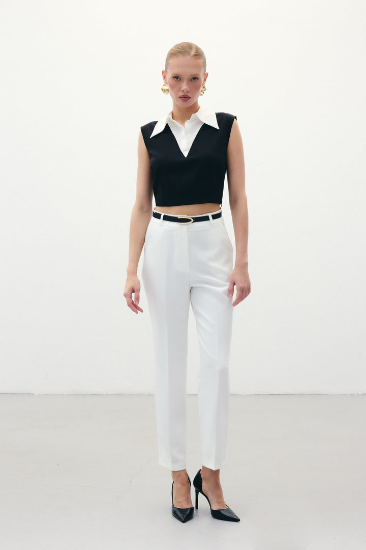 Sateen Pantalon Ceinturé - Écru
