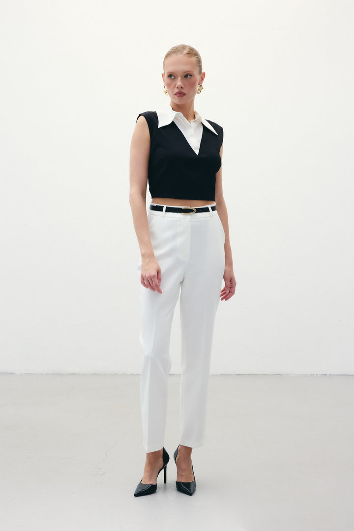 Sateen Pantalon Ceinturé - Écru