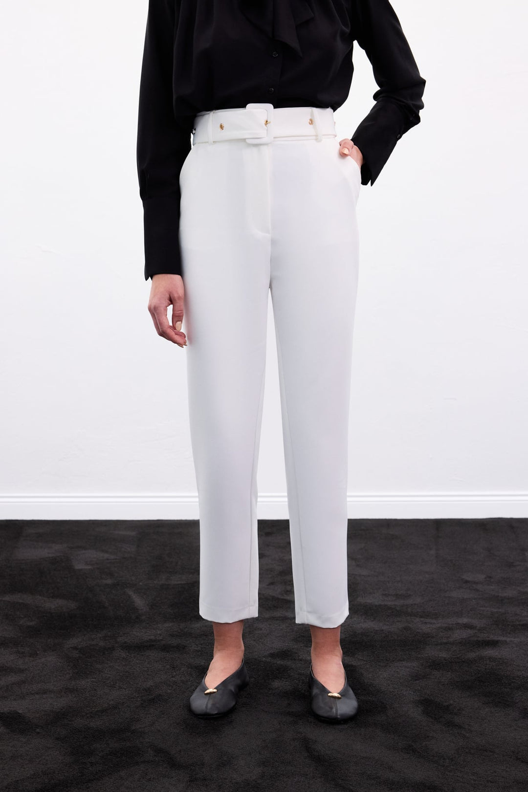 Sateen Pantalon Ceinturé - Écru