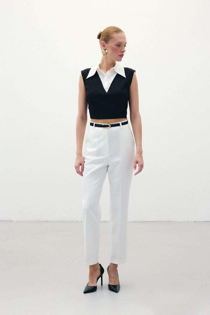 Sateen Pantalon Ceinturé - Écru