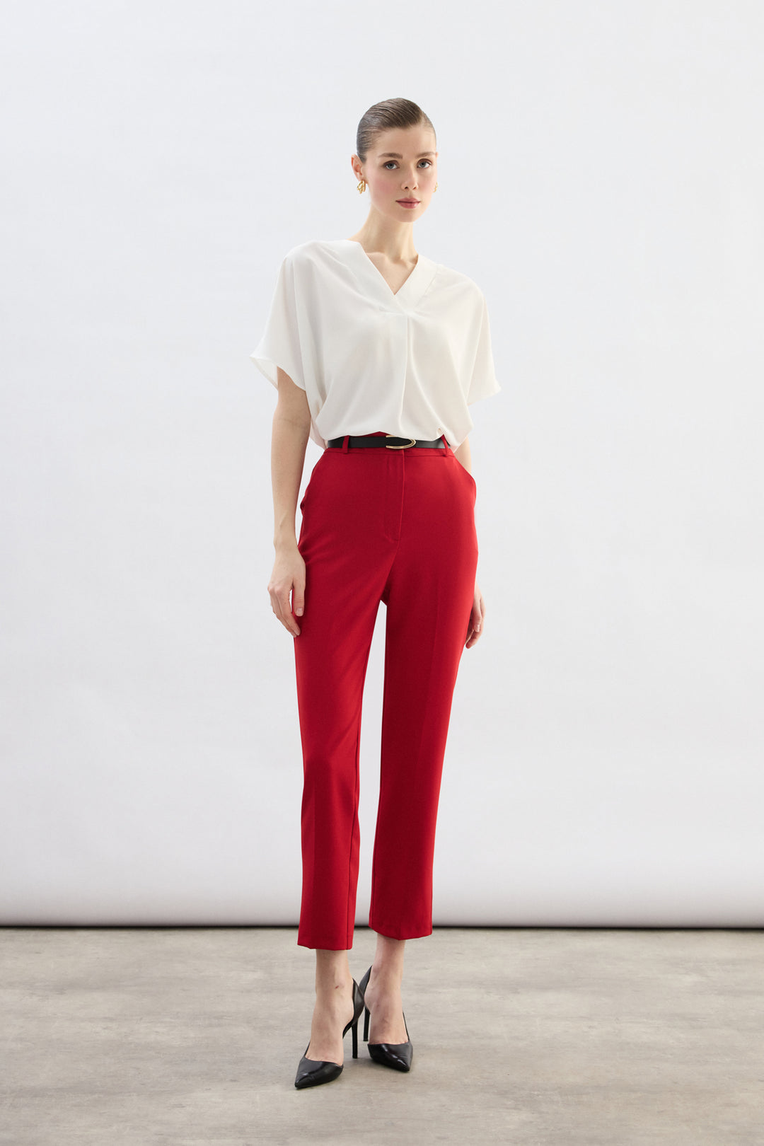 Sateen Pantalon Ceinturé - Rouge
