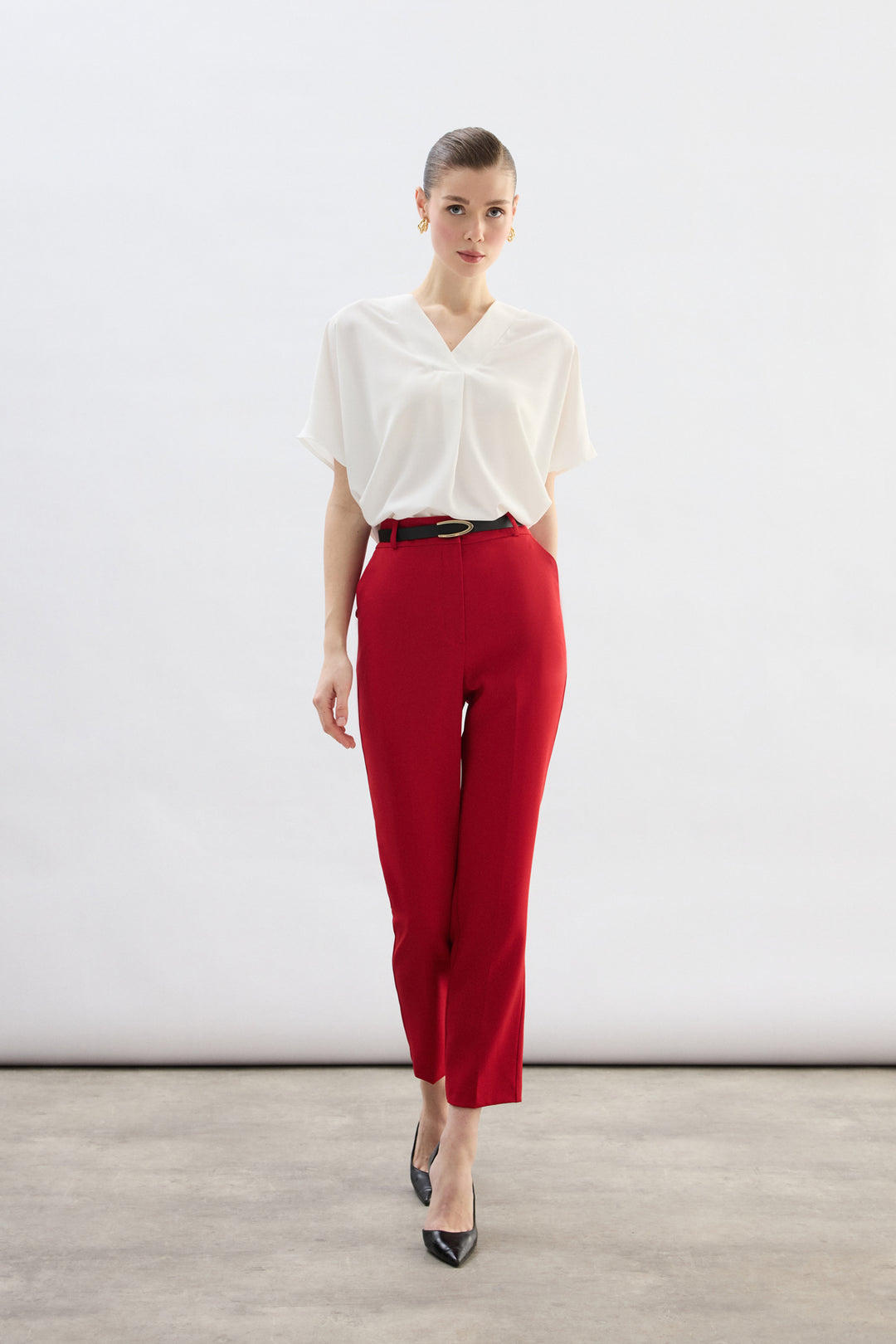 Sateen Pantalon Ceinturé - Rouge