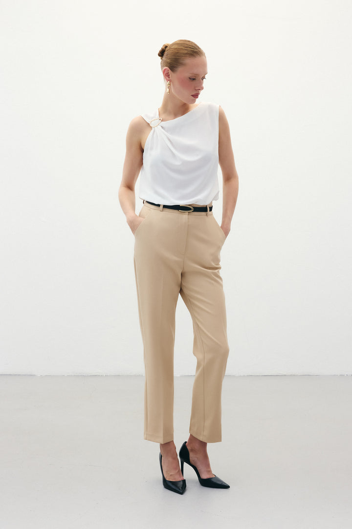 Sateen Pantalon Ceinturé - Beige foncé
