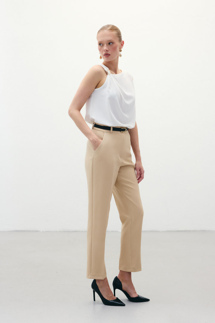 Sateen Pantalon Ceinturé - Beige foncé
