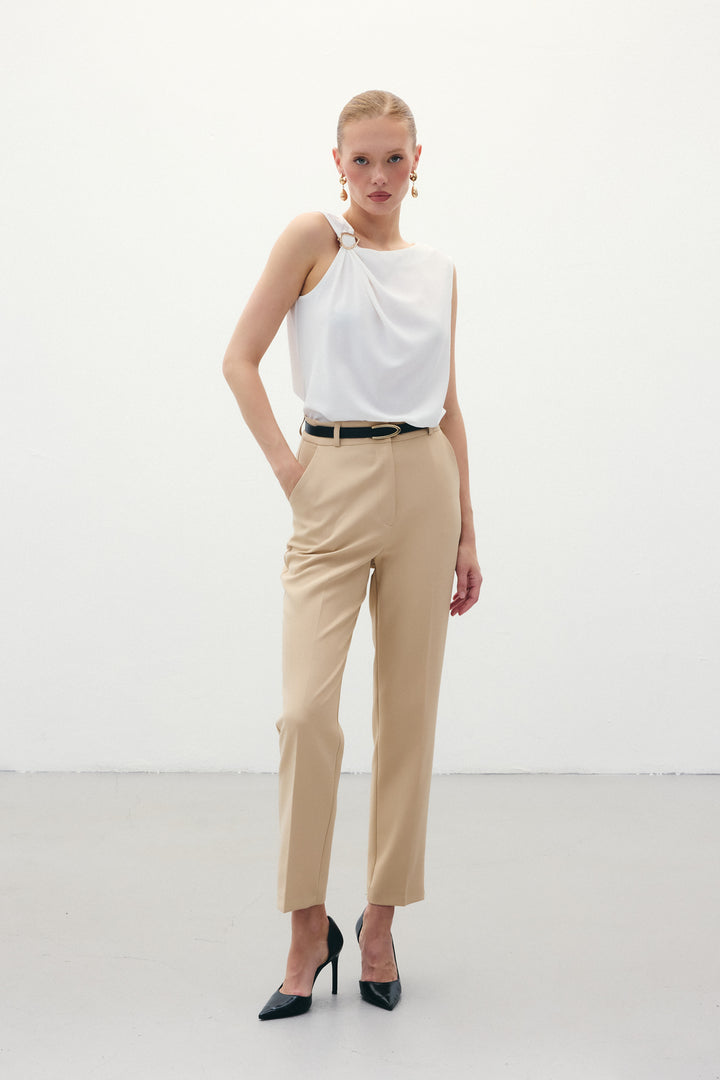 Sateen Pantalon Ceinturé - Beige foncé