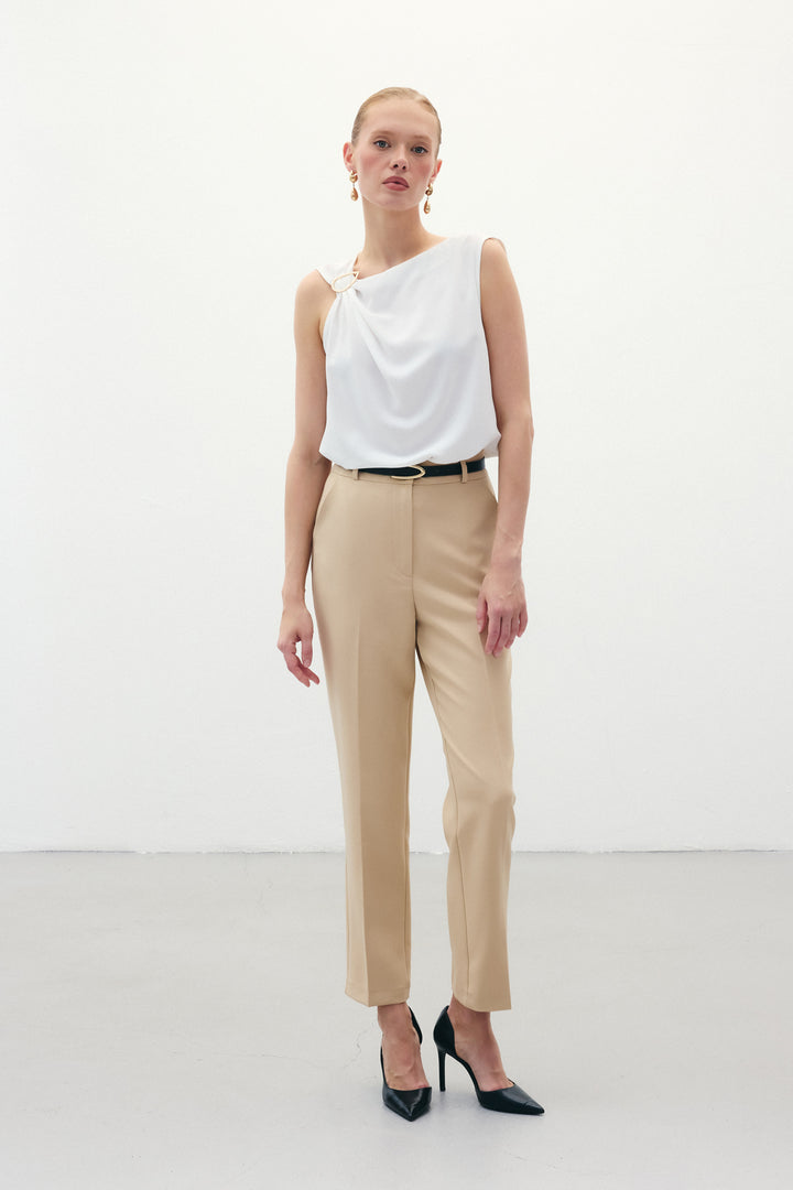 Sateen Pantalon Ceinturé - Beige foncé
