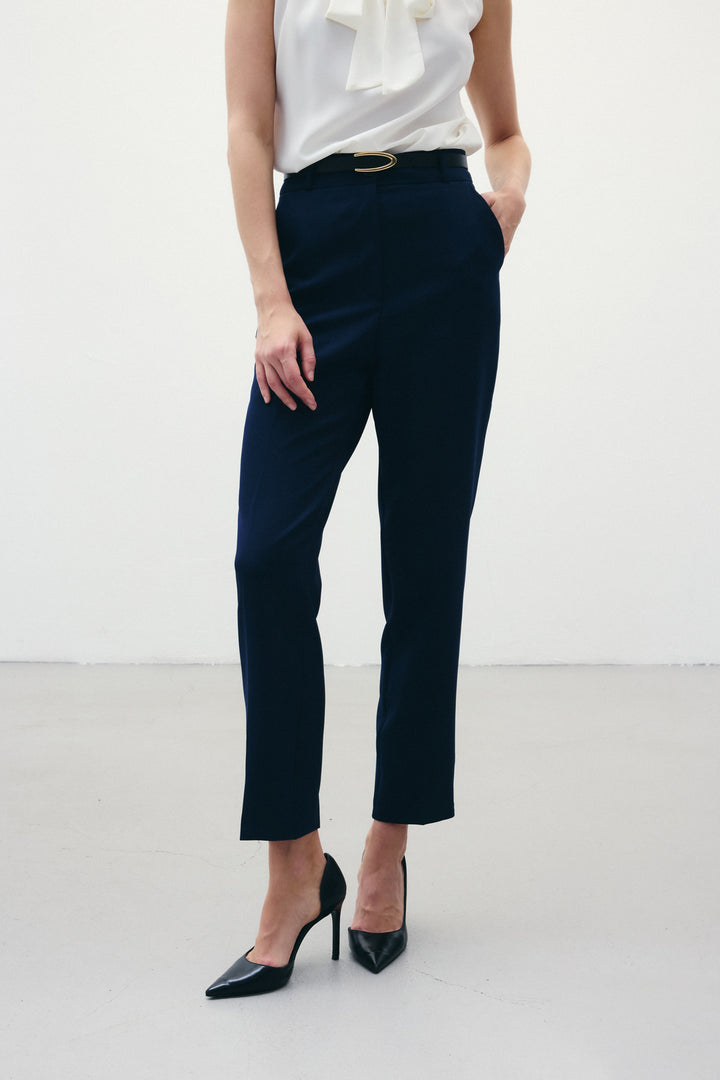 Sateen Pantalon Ceinturé - Bleu marine