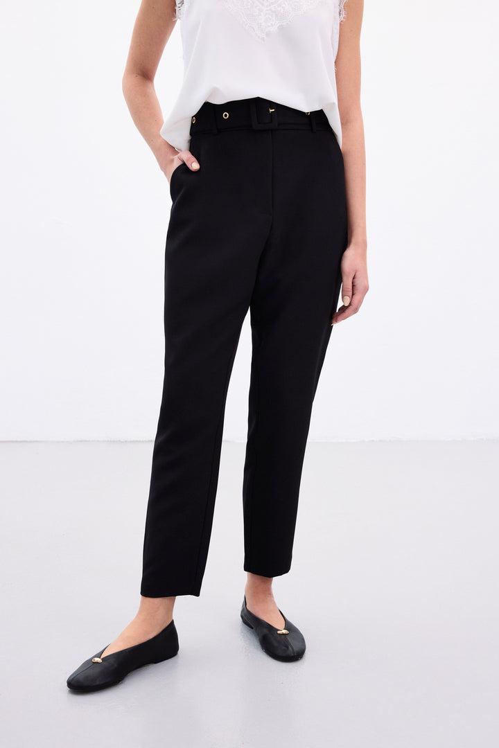 Sateen Pantalon Ceinturé - Noir