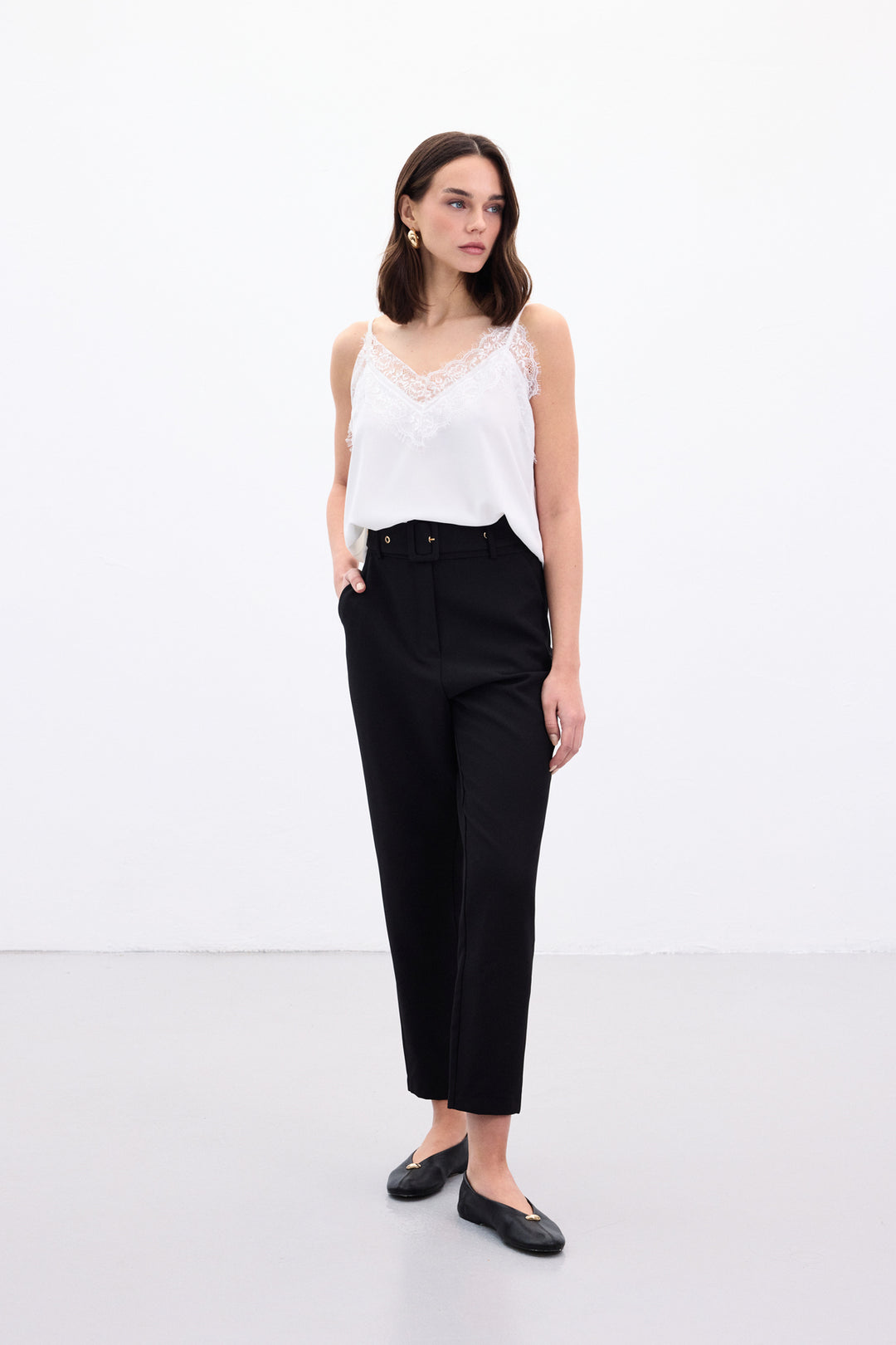 Sateen Pantalon Ceinturé - Noir