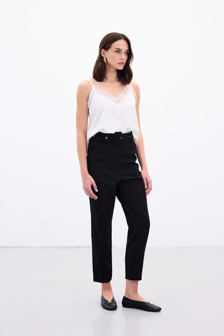 Sateen Pantalon Ceinturé - Noir